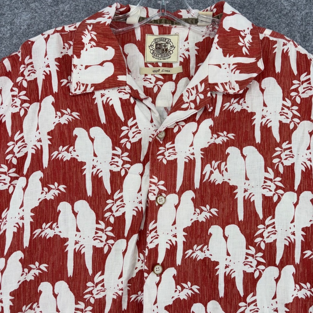 Pusser's West Indies Men XL Red Wht Parrot Print 100% Linen Camp Shirt Short Slv